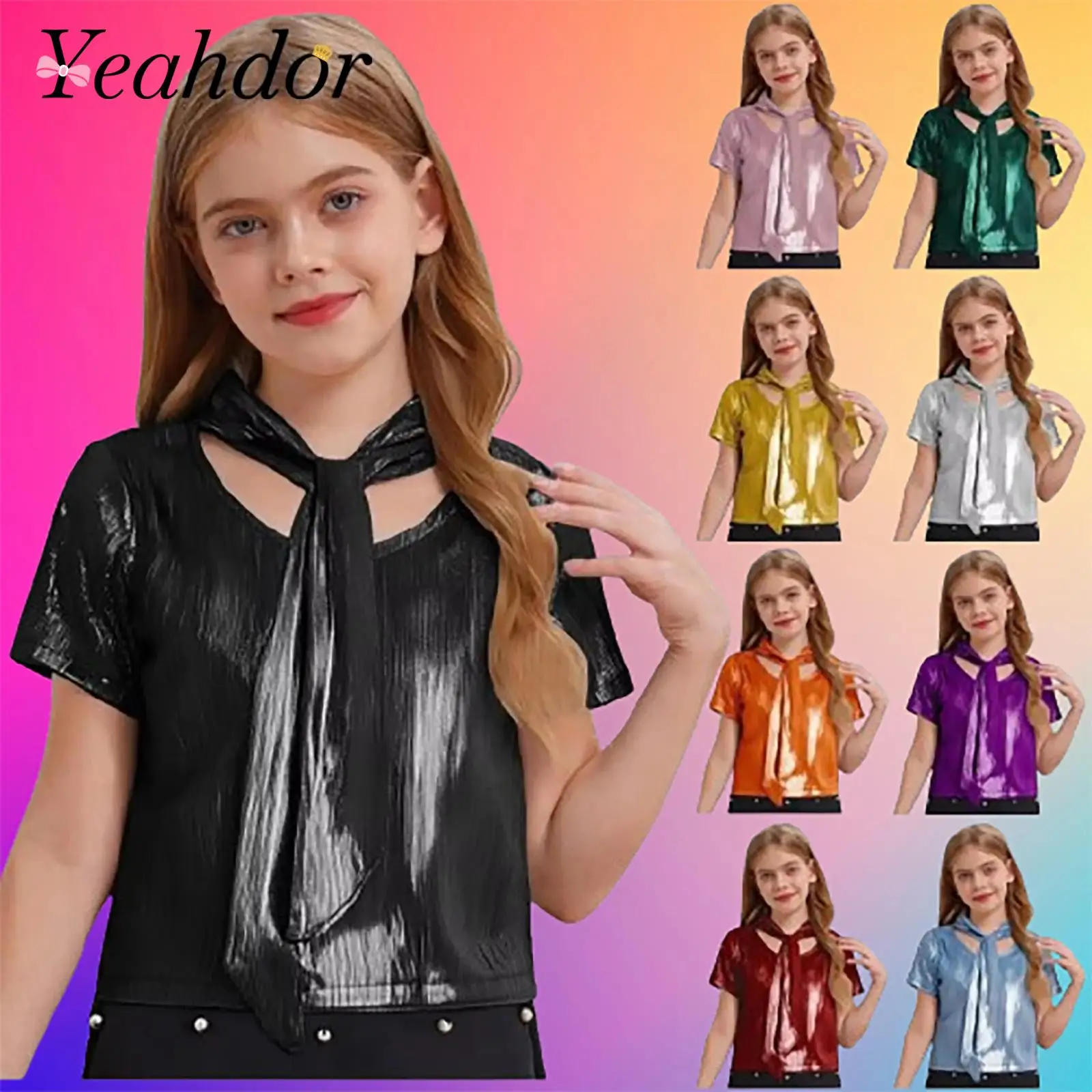 Children Ribbed Short Sleeve T-shirt Disco Dance Performance Hip-Hop Clothes Fashion Girls Lace Up Tie T-shirts Metallic Tops