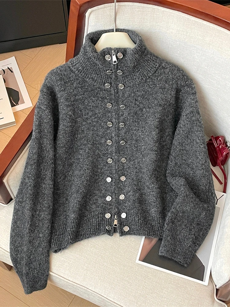 Women's Turtleneck Cardigan Grey Sweater Harajuku Long Sleeves Sweaters Jumper Aesthetic Vintage Y2k 2000s Clothes Autumn 2024