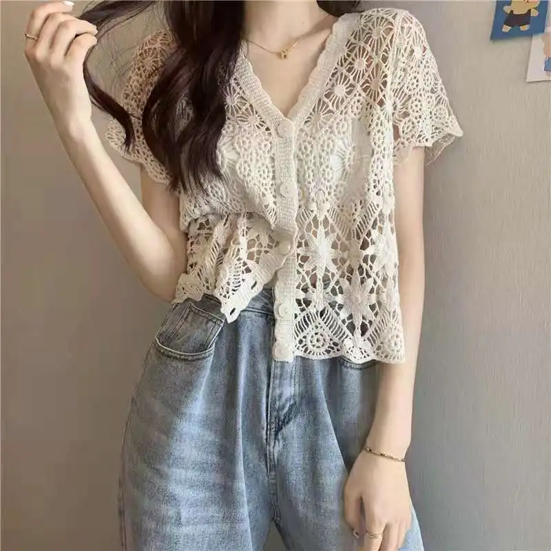 2024 Summer Korean Fashion Minimalist Sweet Style Blouses Loose Short Sleeved Hollow V-neck Solid Color Button Women\'s Shirt Top