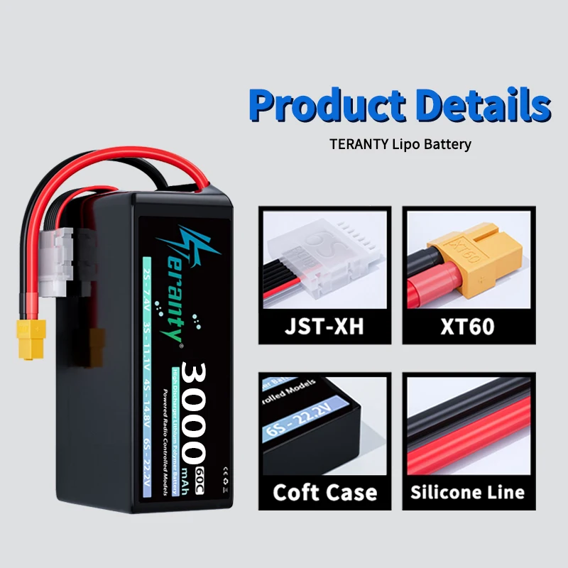 TERANTY 6S 3000mAh Lipo Battery 22.2V 60C 22.8V 80C Softcase with XT60/XT90 Plug for RC Car Truck Tank RC Airplane FPV Drone