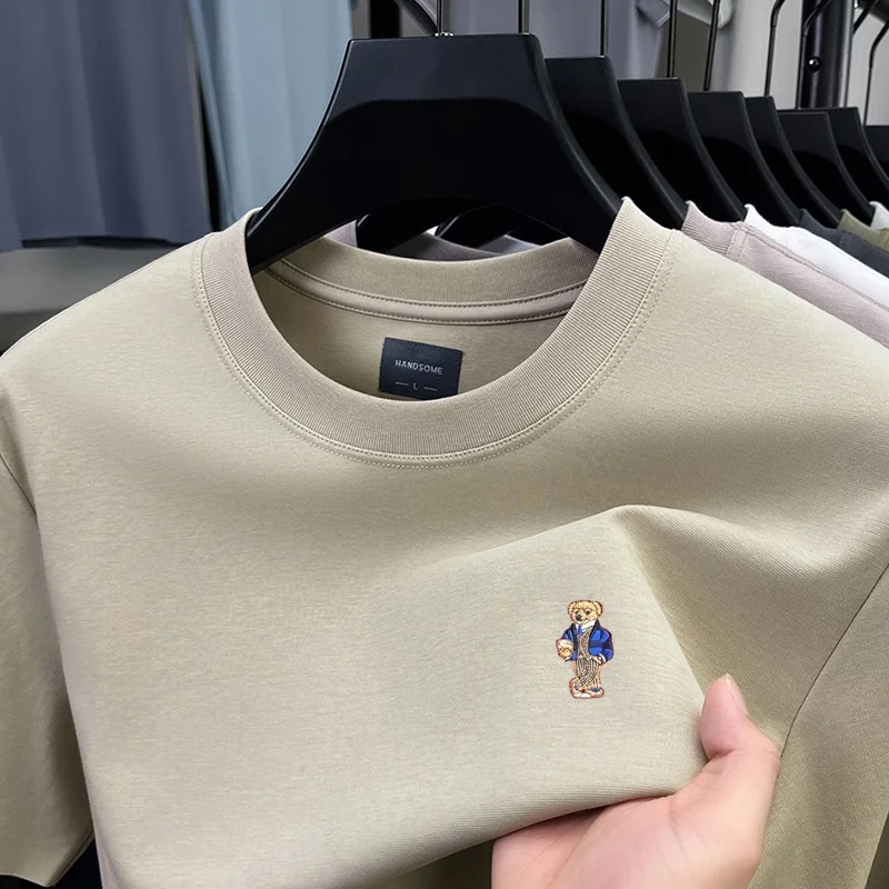 Designer-Sommer-Herren-Kurzarmhemd mit Rundhalsausschnitt, Teddybär-Stickerei, Baumwoll-T-Shirt, vielseitige Freizeitkleidung für den Alltag. – Detail 14