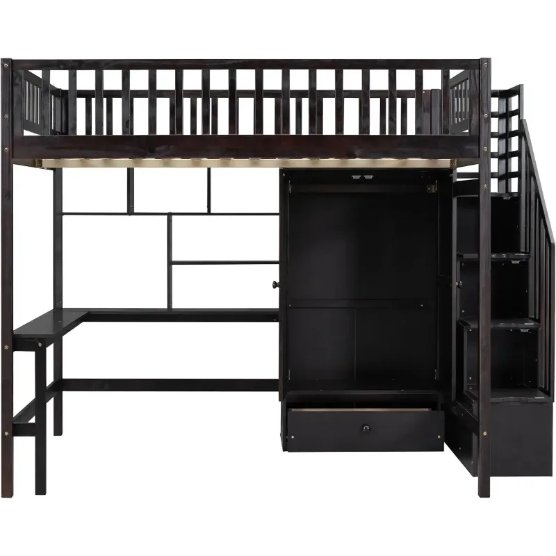 Full Size Loft Beds Stairway Bed Frame with Wardrobe, Desk, Bookcase and Drawers, Espresso