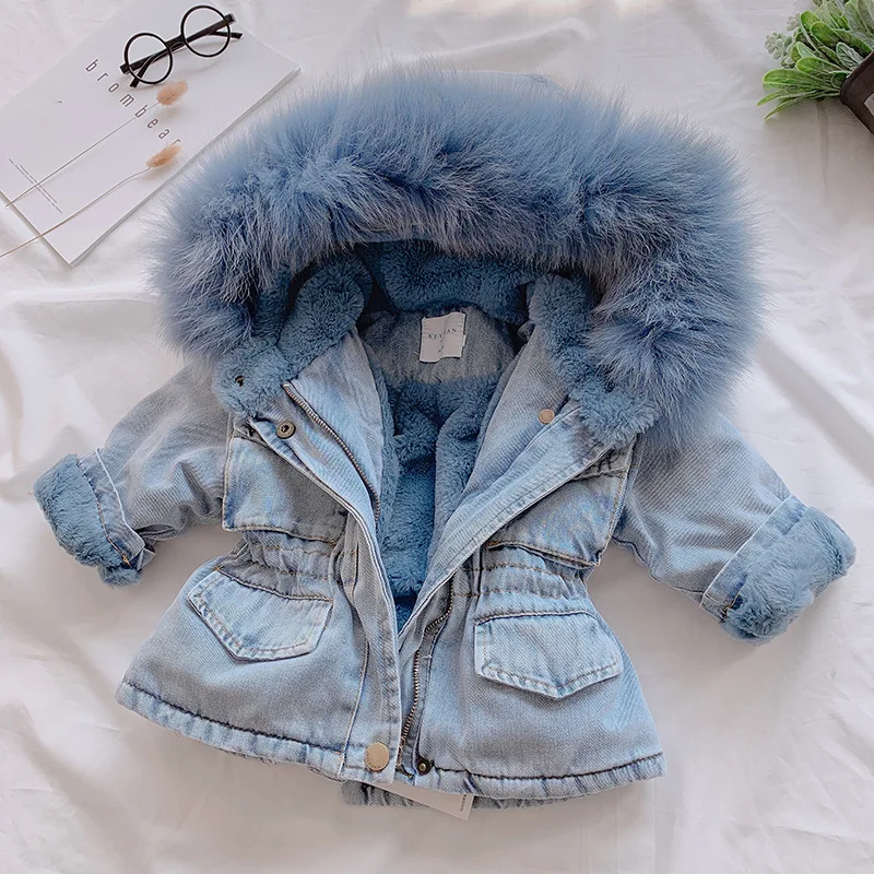 Baby Girls Coats Clothes 2024 Winter Denim Jackets With Fur Hooded Coats For Girls Cotton Thicken Children Clothing Girl Jackets