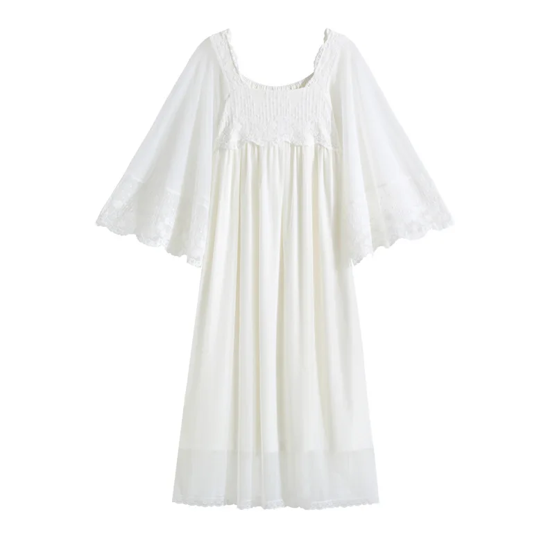 French Sexy Lace Square Collar White Nightdress Princess Vintage Embroidery Flare Sleeves Long Nightgowns Mid-Calf Modal Nightie