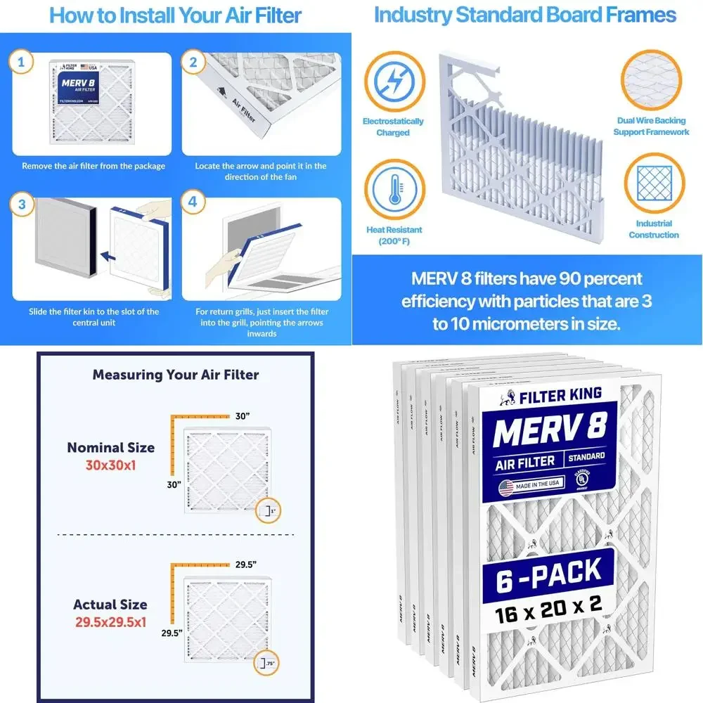 

6-Pack 16x20x2 MERV 8 Pleated Air Filters for Dust & Allergy Control - Made in USA HVAC Furnace Filters