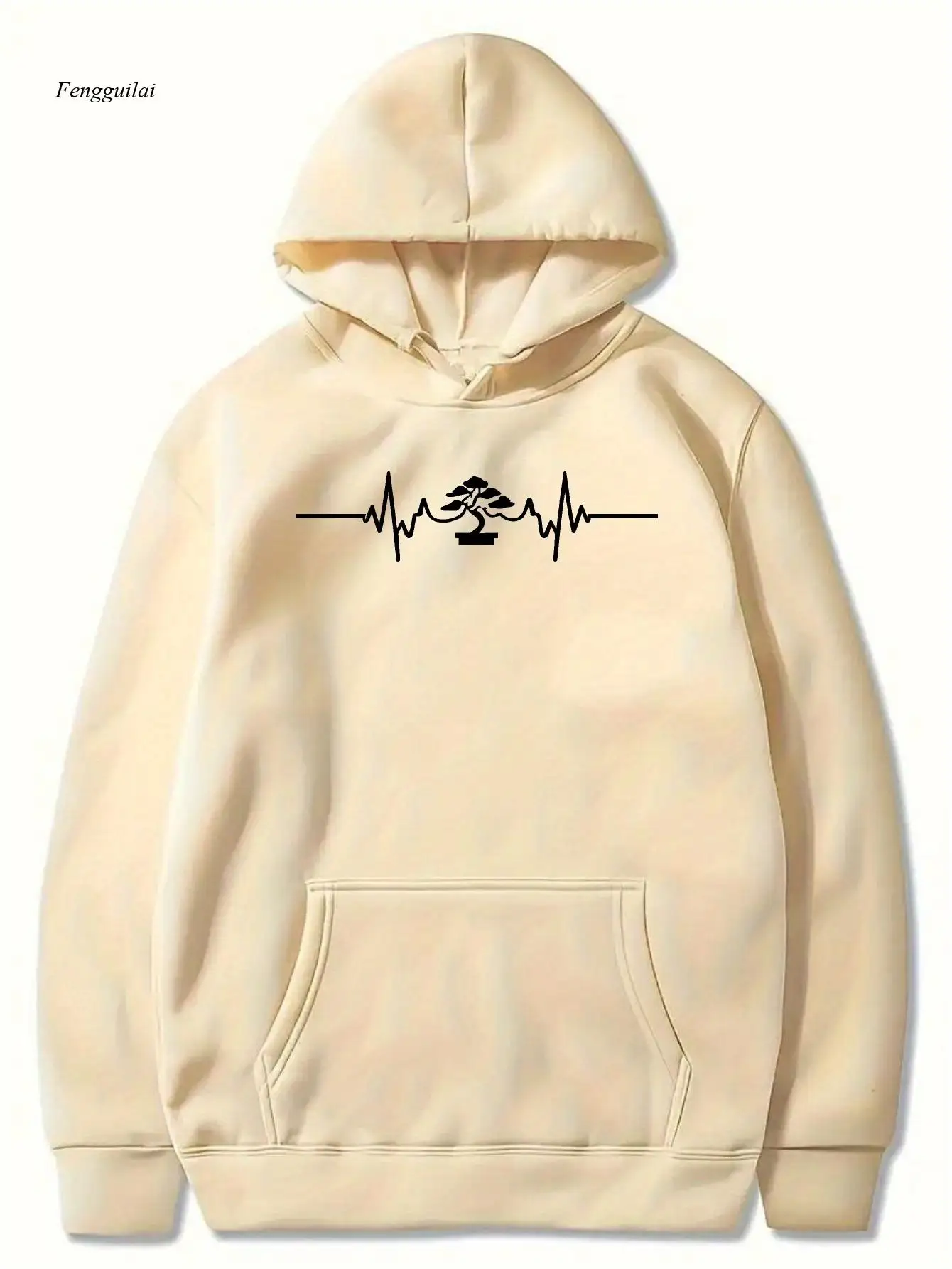 Cozy Fleece Hoodie with Tree Pattern - Casual Pullover Sweatshirt for Fall/Winter, Long Sleeve, Kangaroo Pocket