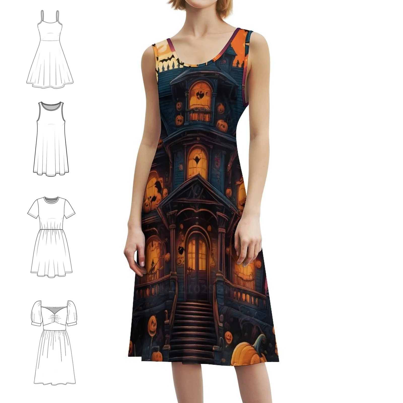 

Spooky House With Pumpkins Halloween Women's Hip Hop Streetwear Dress Graphic Print Party Club Wear Halloween Creepy House