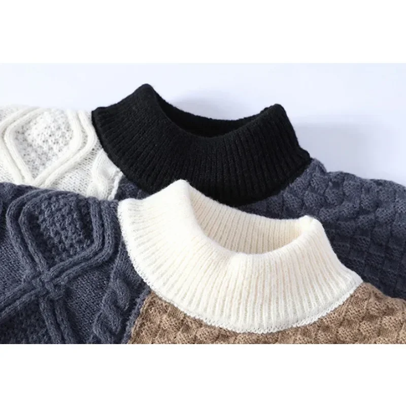 Autumn and Winter New Sweater Warm Fashion Stitching Color Matching Pullover Round Neck Sweater Thickened Knitted Sweater