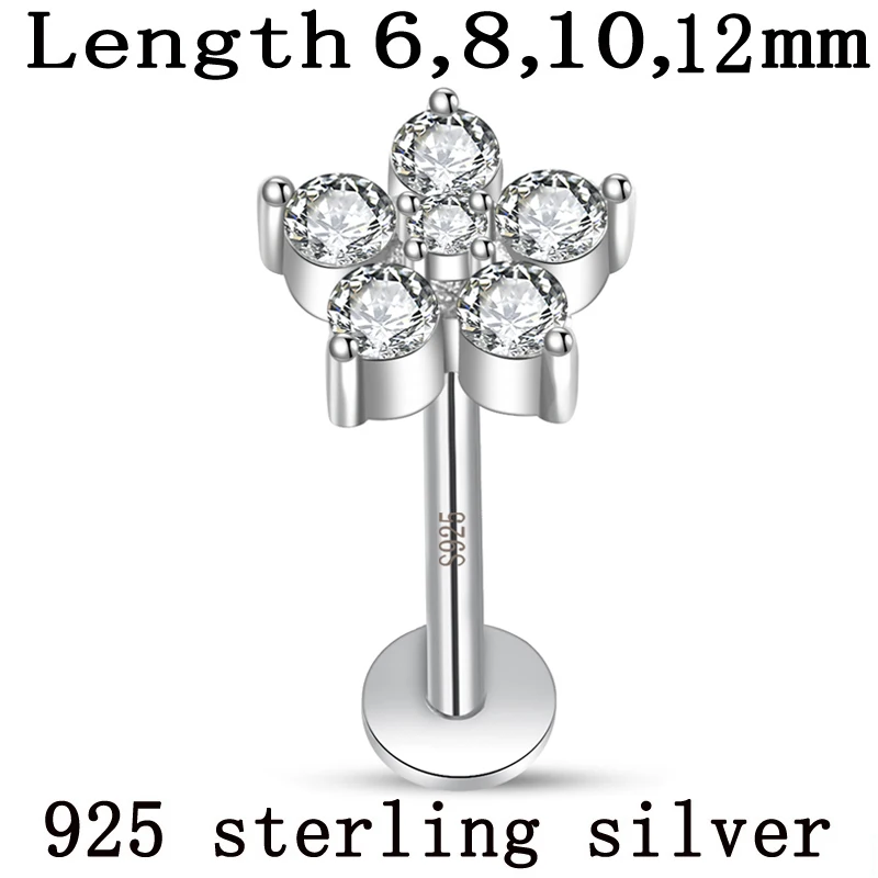 Labret Overall 925 sterling silver Lip Stud internal thread rod Flower Body piercing Clear Cubic zirconia Stones Fine jewelry