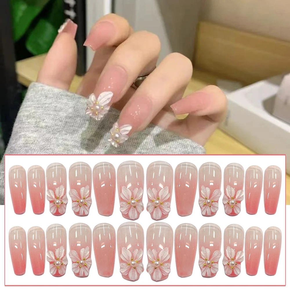 

24pcs Pearl False Nails Sweet Long Press On Nail Elegant Fingernail Sticker Removable Finished Glue Style Fake Nails With Design