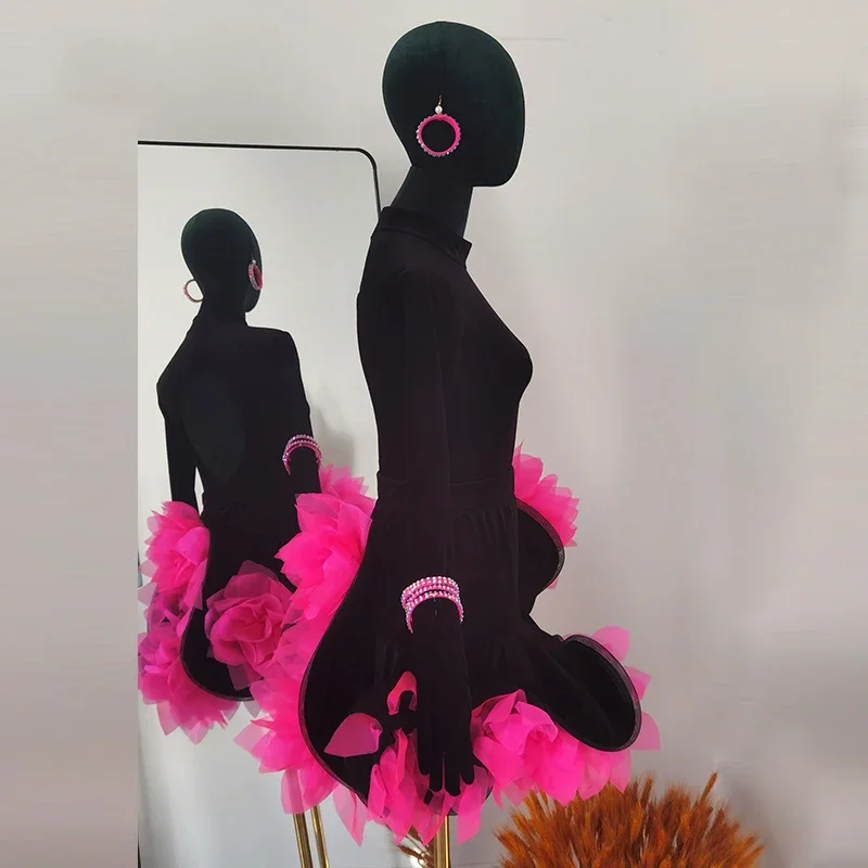 Children'S National Standard Ballroom Dance Professional Dresses Girls Black Velvet Latin Dance Costume Stage Wear SL11155