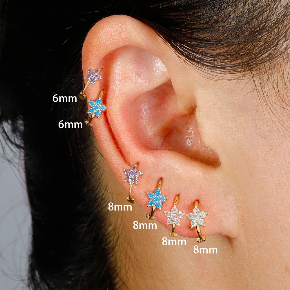2 szt. Stal nierdzewna 6MM 8MM kolorowa cyrkonia mały kolczyk w kształcie koła mały kwiatek 18K pozłacany kolczyk Huggie Piercing biżuteria — zdjęcie 3