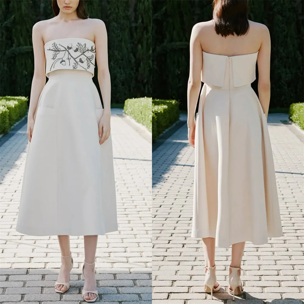 ที่กําหนดเองพรหมชุดอย่างเป็นทางการ Dearin Strapless A-Line ชากระโปรงยาวเปิดกลับ Draped แขนกุดเย็บปักถักร้อยลูกปัด Bespoke Occas