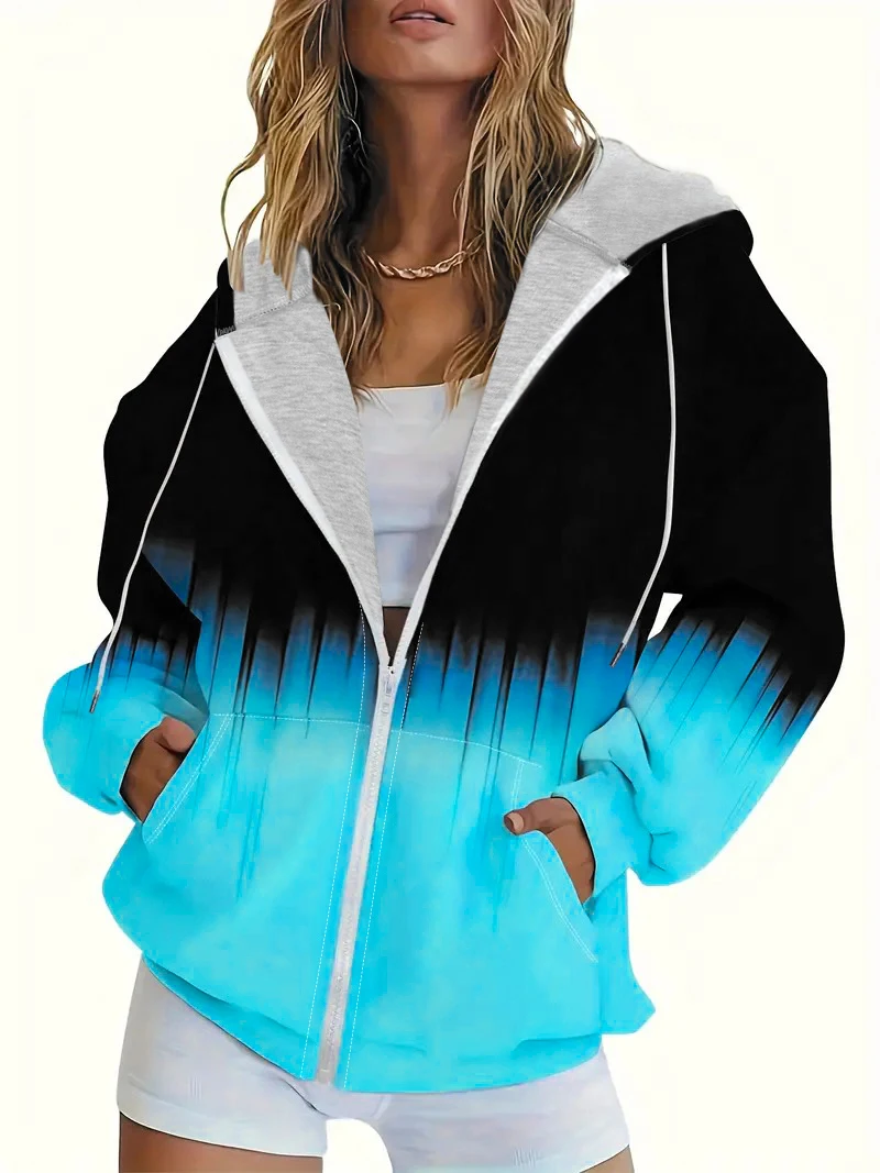 Women Plus Size Hooded Sweatshirt, Black Blue Gradient Zip-Up Hoodie, Long Sleeve Casual Loose Top for Fall,daily curvy outfits