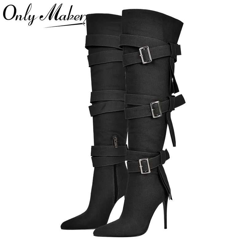 

Onlymaker Women Pointed Toe Canvas Knee High Boots Buckle Strap Thin High Heel Zipper Female Big Size Stiletto Boots