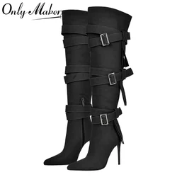 Onlymaker Women Pointed Toe Canvas Knee High Boots  Buckle Strap Thin High Heel Zipper Female Big Size Stiletto Boots