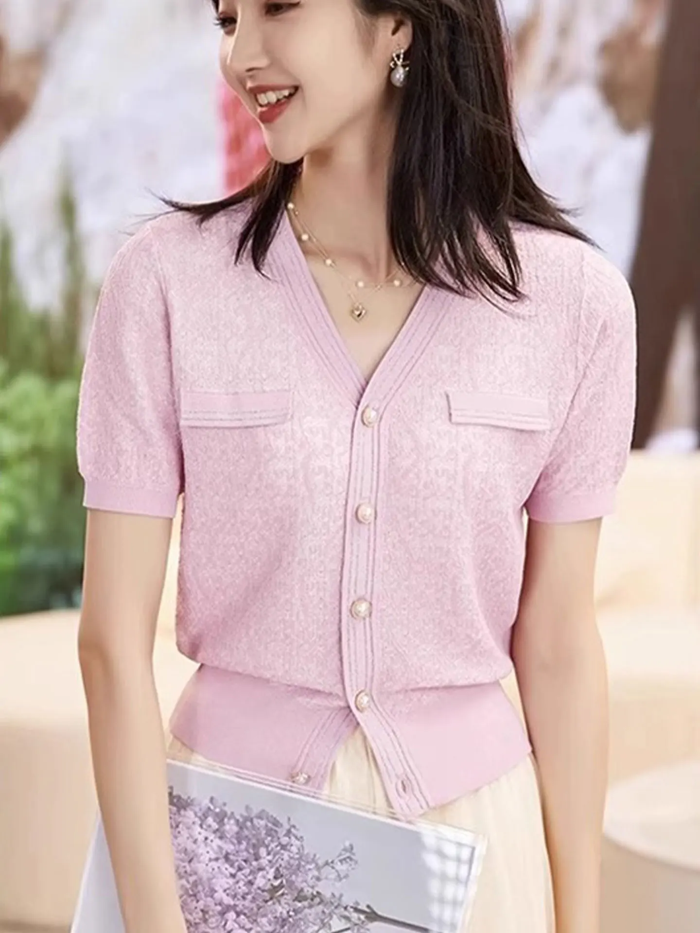 Haut tricoté en soie glacée pour femmes, bouton unique, Svel v-ne, superposition de base, irt coréen, coupe ample, été