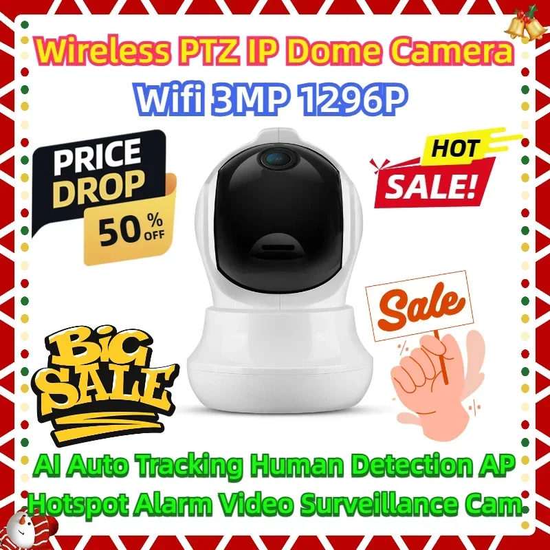 

AI Auto Tracking Human Detection AP Hotspot Alarm Video Surveillance Cam Wifi 3MP 1296P Wireless PTZ IP Dome Camera