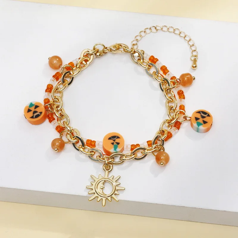 Double Layers Pumpkin Bracelet Halloween Creative Resin Handmade Knitted Bracelet for Women Men Couple Friendship Jewelry Gift