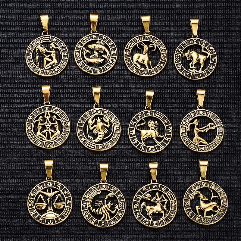 1 Set 12pcs Round Design 12 Zodiac Sign Constellations Horoscope Stainless Steel Pendant Necklace Chains