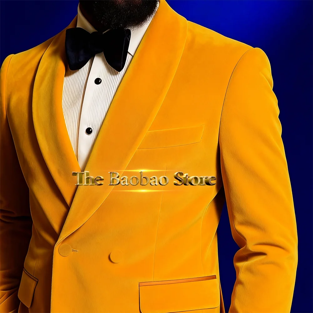 

Стильный бархатный мужской костюм-двойка, двубортный оранжевый пиджак, черные брюки, облегающий комплект на заказ для свадьбы, выпускного вечера, рождественские подарки