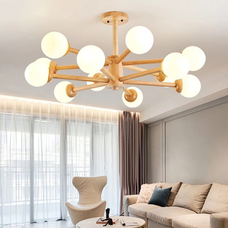 

Wood Chandelier Modern 6/8/10/12 Heads Glass Lampshade Ceiling Chandeliers For Living Dining Room Bedroom Lighting Pendant Light