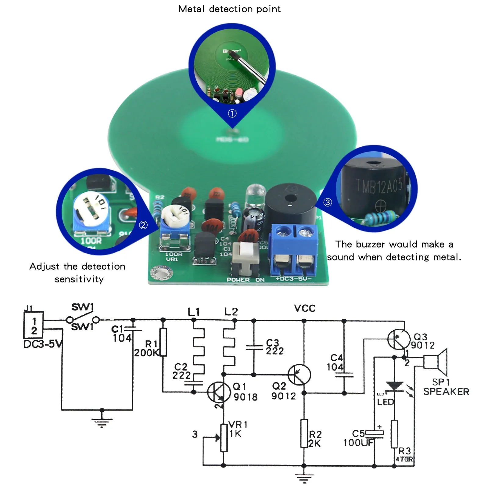 JS-60 DIY zestaw wykrywaczy metali zestaw elektroniczny DC 3V-5V 60mm bez czujnik kontaktowy moduł tablicy DIY wykrywacz metali część elektroniczna