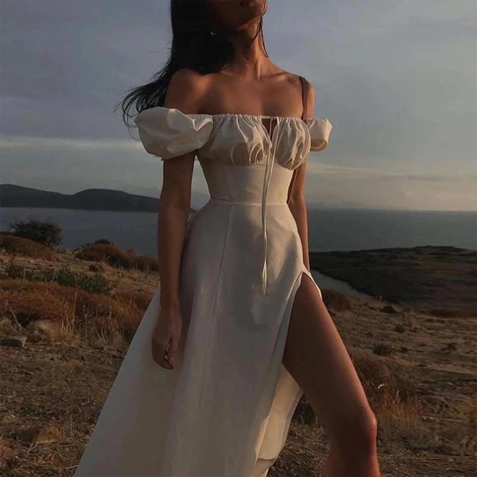 

New Fashion Puff Sleeve Solid Dress Off Shoulder Cut out Tie up Side Split Ruched Long Dress robe femme Summer Dress for Women