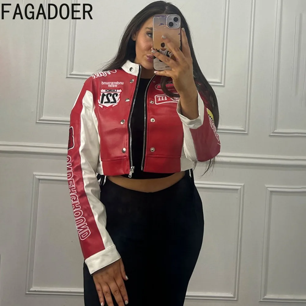 FAGADOER Fashion Streetwear Women Letter Printing Zipper Long Sleeve Crop Top Y2K Autumn New Vintage Style Jacket Not Leather