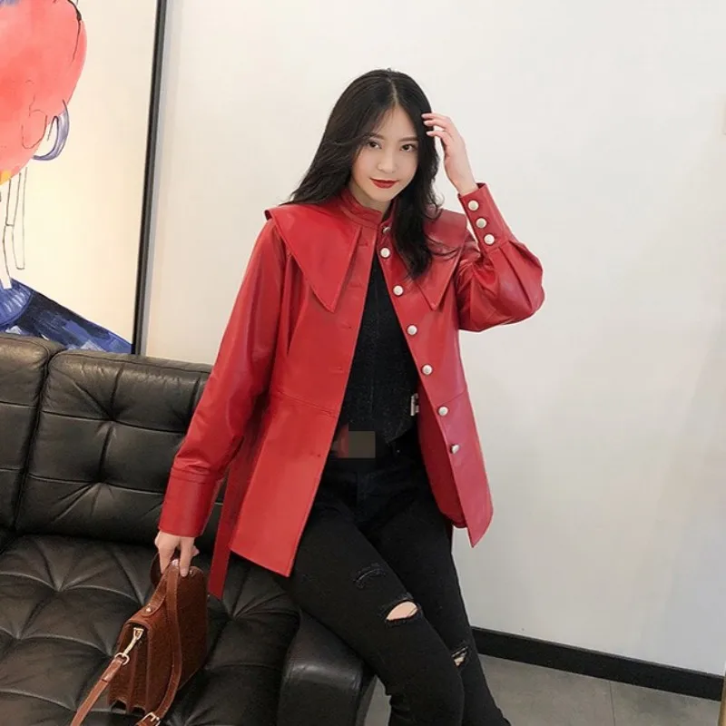 2023Designer 100% Genuine Leather Jacket Women Autumn Slim Sweet Sheepskin Windbreakers Streetwear Red Office Lady Sashes Coat