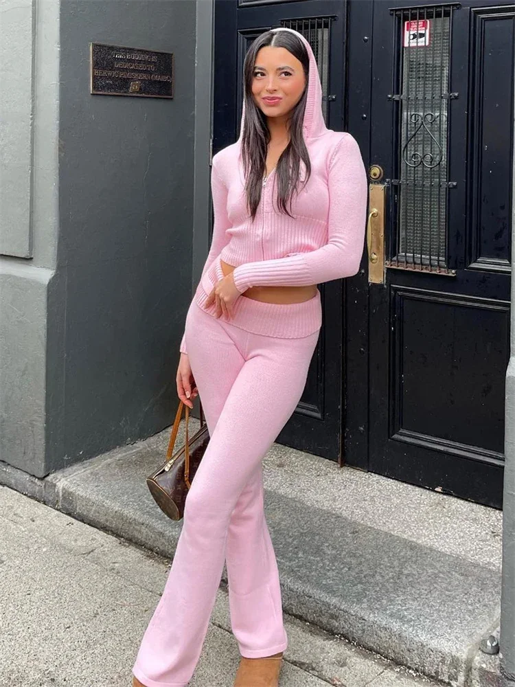 BWQ Women Spring Outfits Casual Zipper Sweater Hoodie Set High Waist Flare Pants Suits Pink Knitted Womens Y2k Two Piece Set