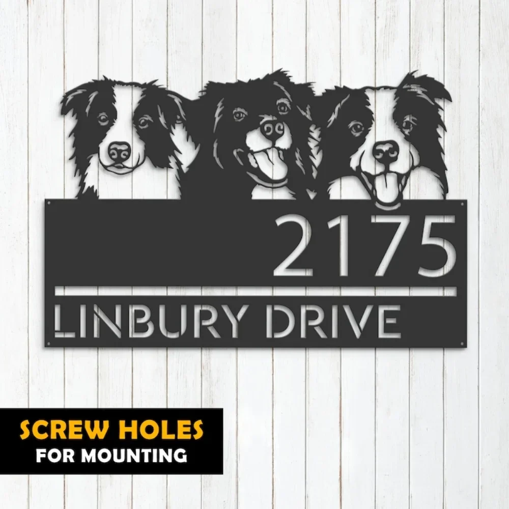 Personalized Peeking Dogs Border Collie Address Sign House Number Hanging Plaque Outdoor Sign Garden Stake Adorable Dog Sign