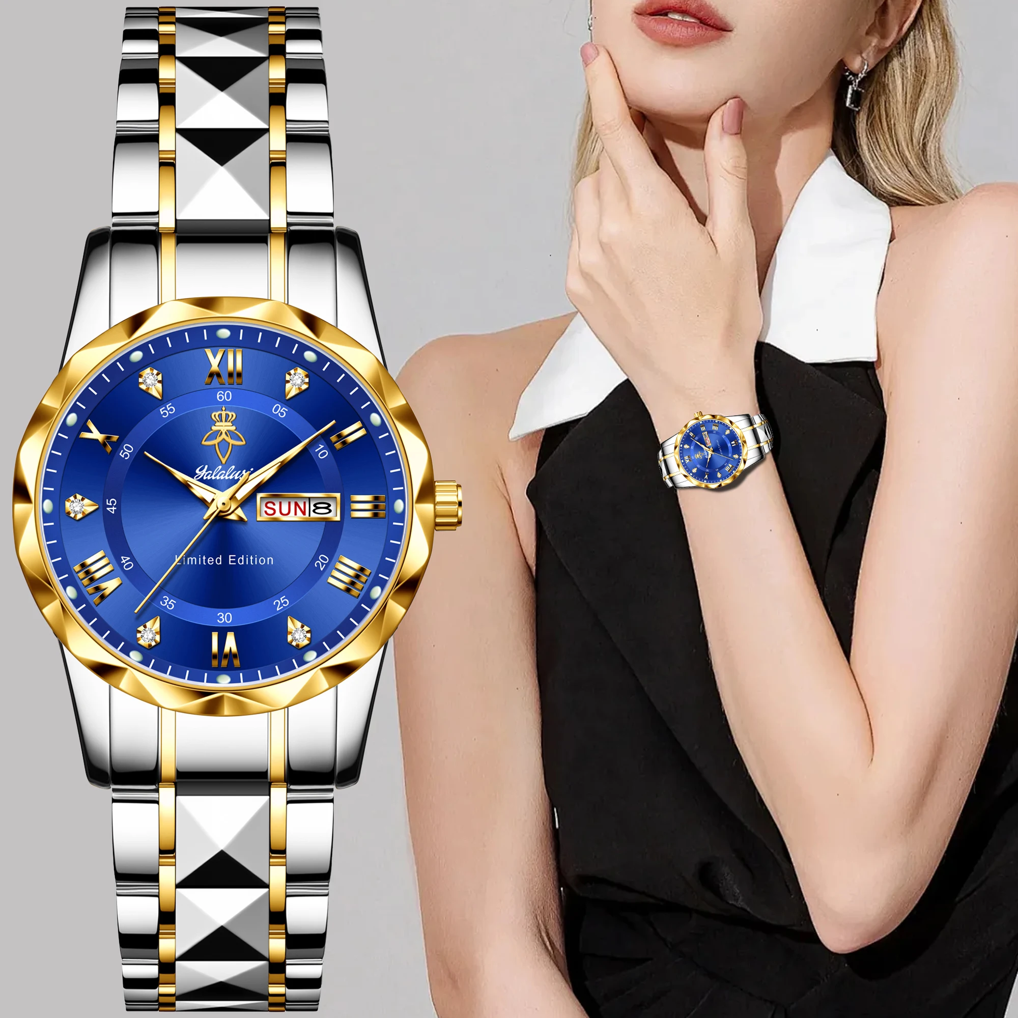 YaLaLuSi Women Quartz Watch Two Tone Gold Silver Rhombus Cut Metal Bracelet Blue  Dial Rhinestone Dual Calendar Luminous Ladies Waterproof Business Dress Watch Gift