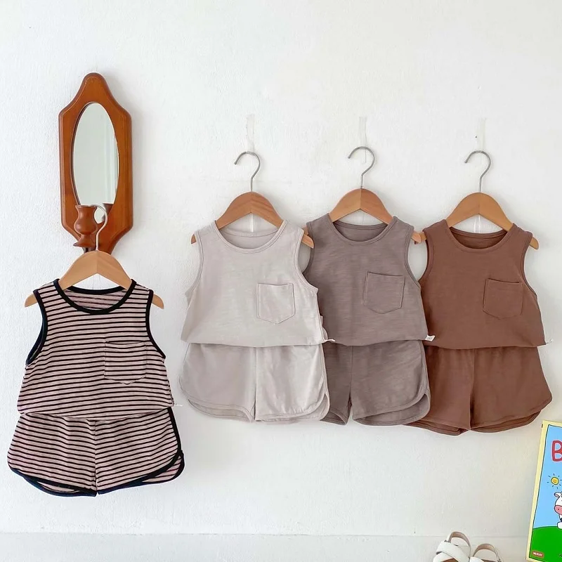 

Children's clothing baby solid color striped vest set Summer New boys and girls T-shirt shorts two-piece set casual sportswear