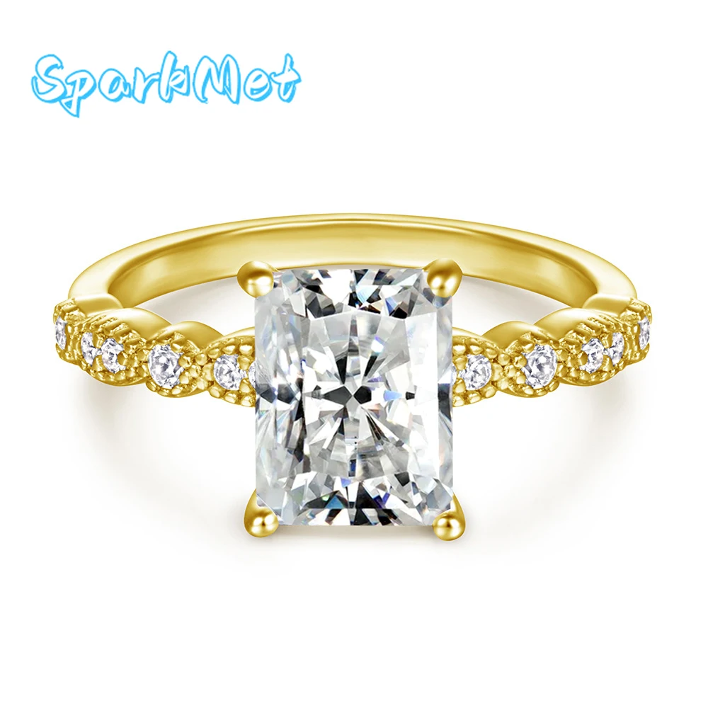 

SparkMet 100% Genuine 2ct Rectangular Moissanite Ring 6x8MM with Certificate Women Wedding Jewelry Gift S925 Silver