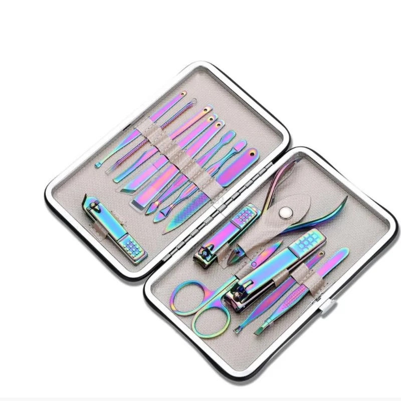 Set tagliaunghie arcobaleno Kit per manicure in acciaio inossidabile Forbici per unghie per uso domestico Pinzette Cucchiaio per orecchie Strumenti per manicure per unghie di bellezza