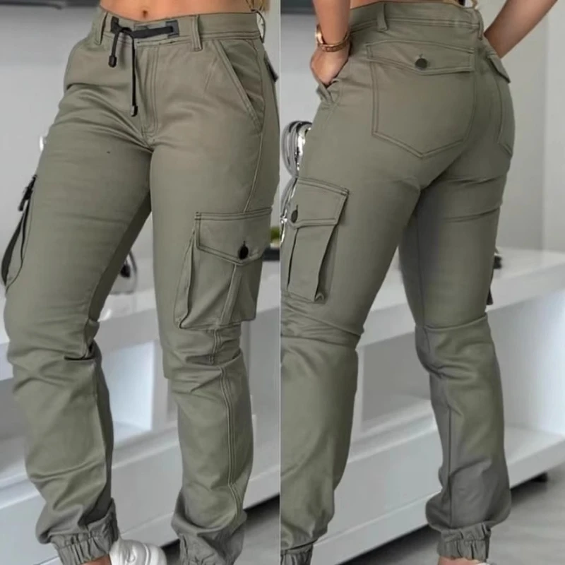 Women's Work Pants 2025 Summer High Waist Multiple Pockets Design Cuffed Cargo Pants Slim Fit Trousers Y2k Fashion Streetwear
