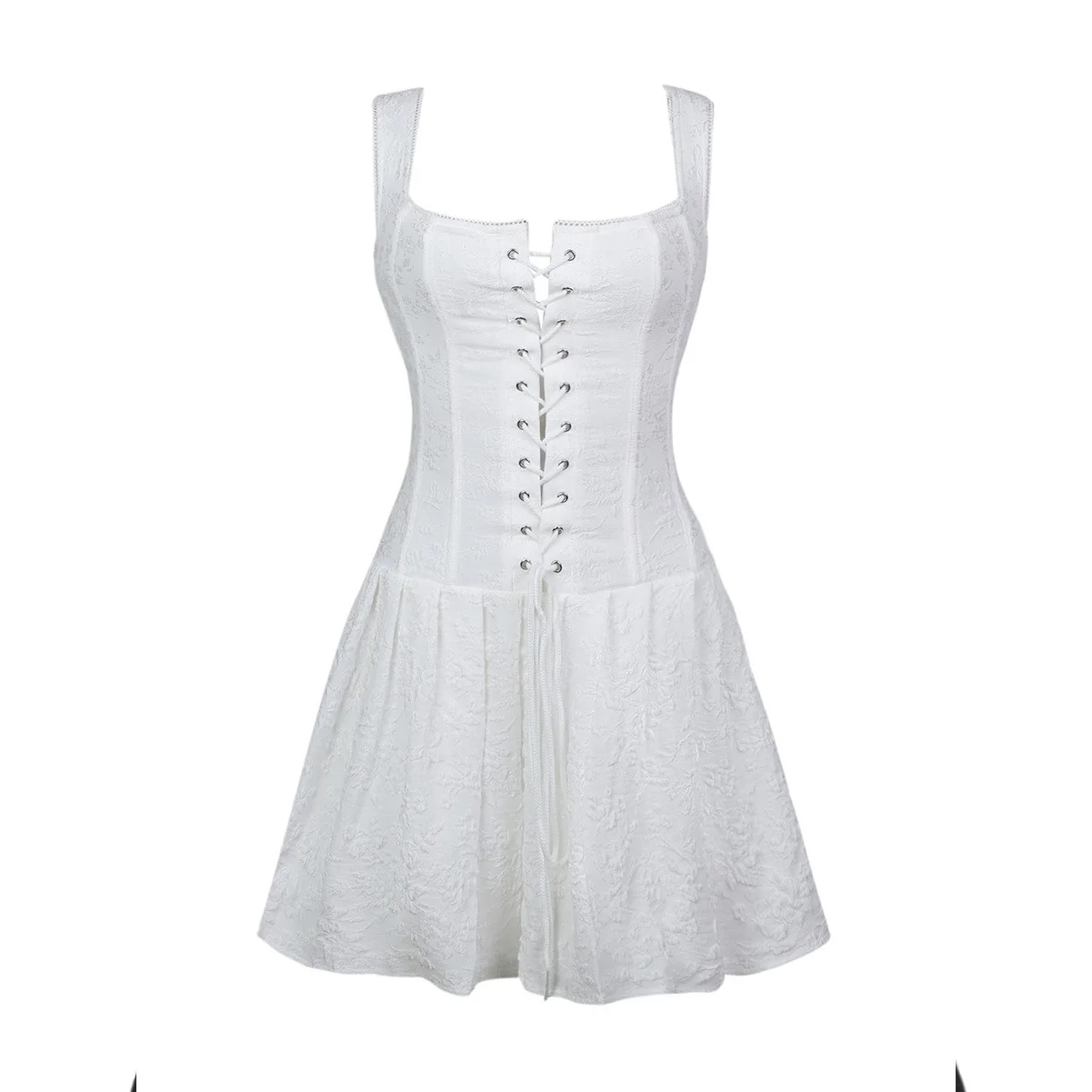 Women Summer Casual Sleeveless Square Neck Corset Dress Lace Up Front Zip Back Floral Jacquard A Line Slim Fit Mini Dress