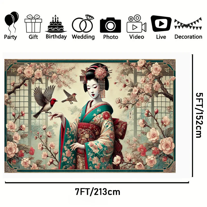 Japanese Geisha Tapestry Wall Hanging Cherry Blossom Tree Bird Art Fabric Poster for Living Room Bedroom Home Decor Aesthetic