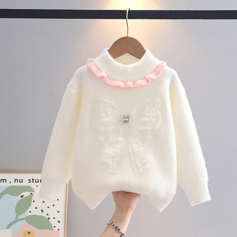 Ruffles Collar Children Clothing Pullover for Girls Sweater Embroidery Buttefly-knot Sweaters Teenage Girl Knitwear Warm IY08031