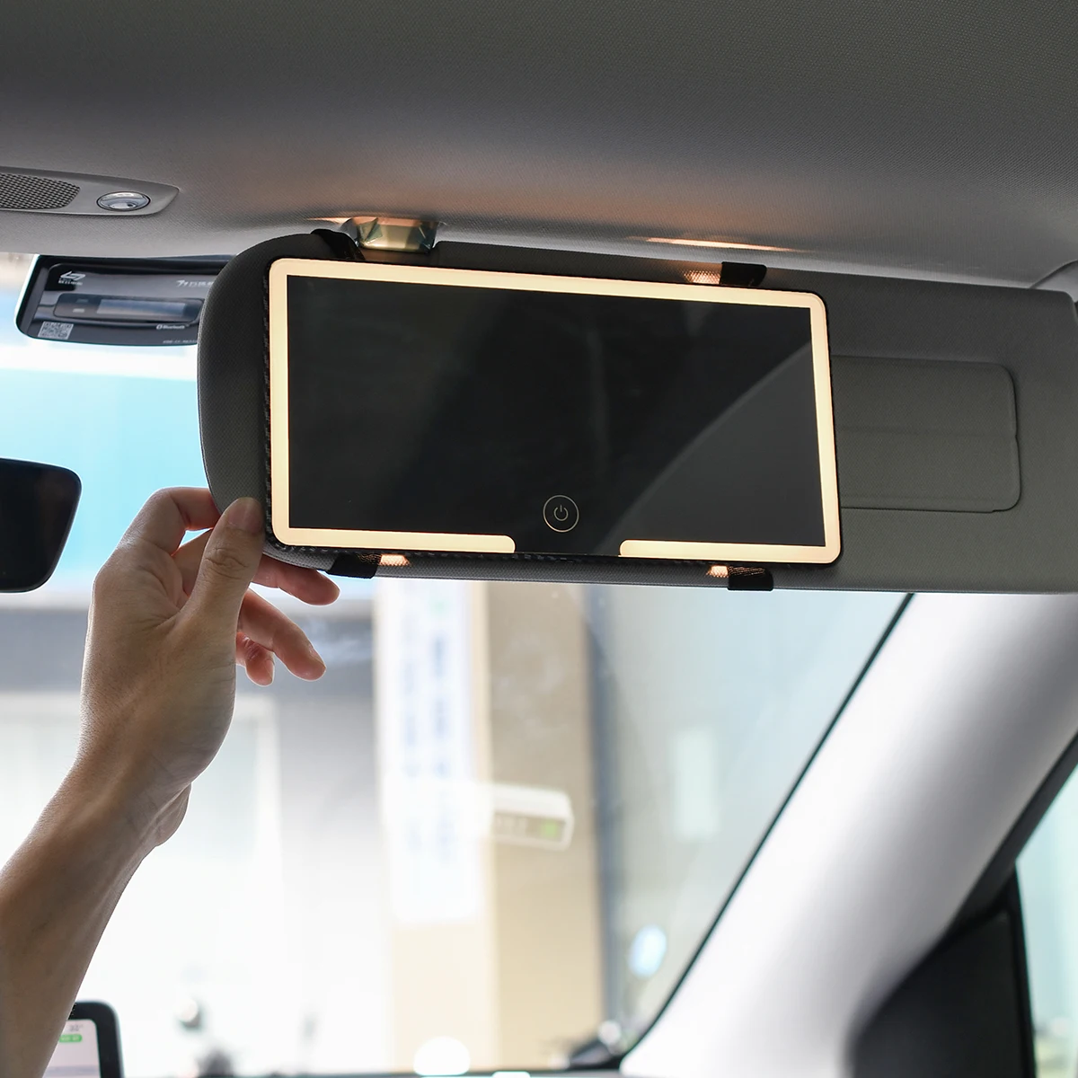Car Sun Visor Plate Makeup Mirror Carbon Fiber Pattern LED Fill Light Rechargeable 3 Modes Touch Screen HD Vanity Mirror