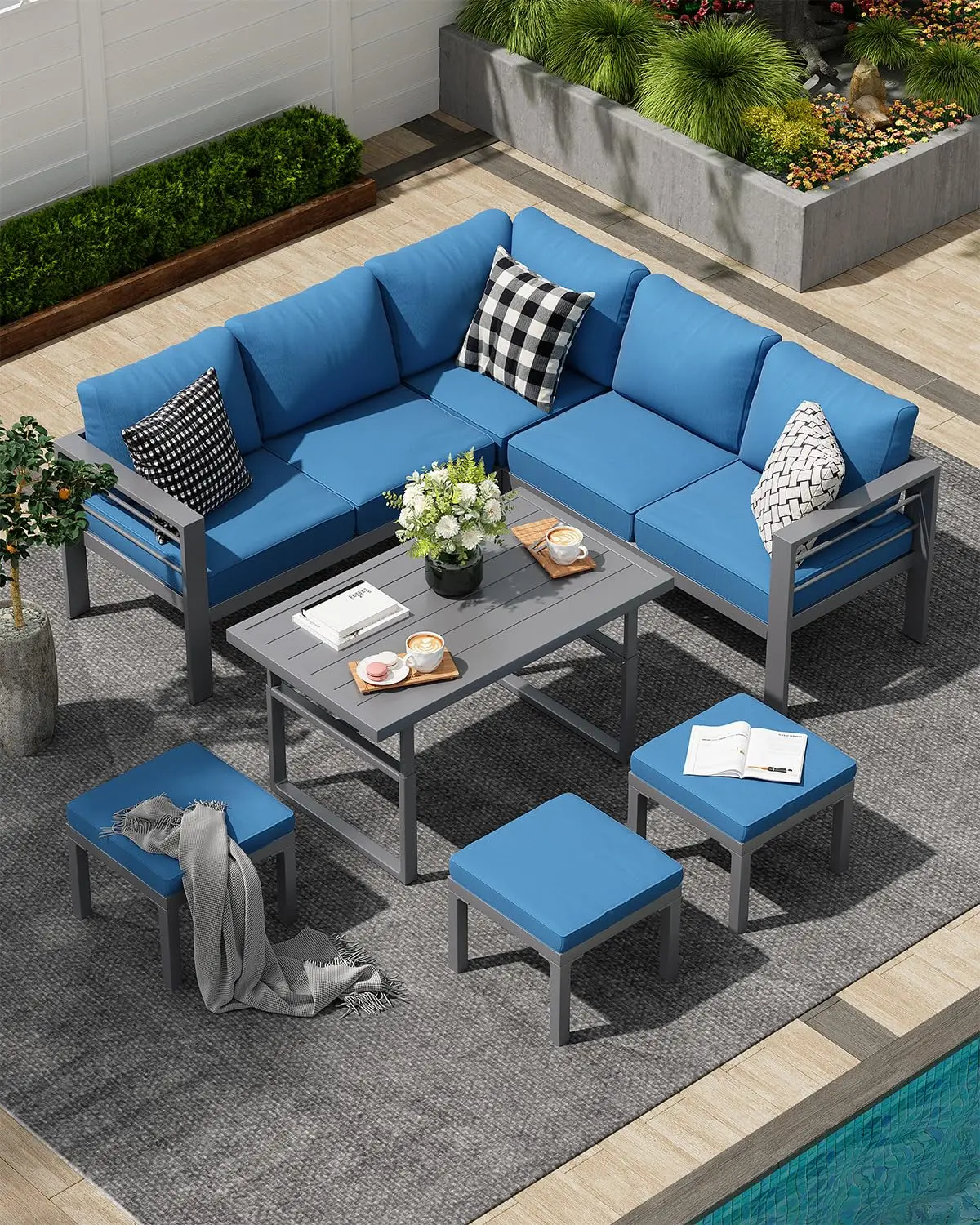 

Aluminum Patio Conversation Set 8 Seats Adjustable Dining Table 7 Piece Outdoor Sectional Sofa Blue Custom