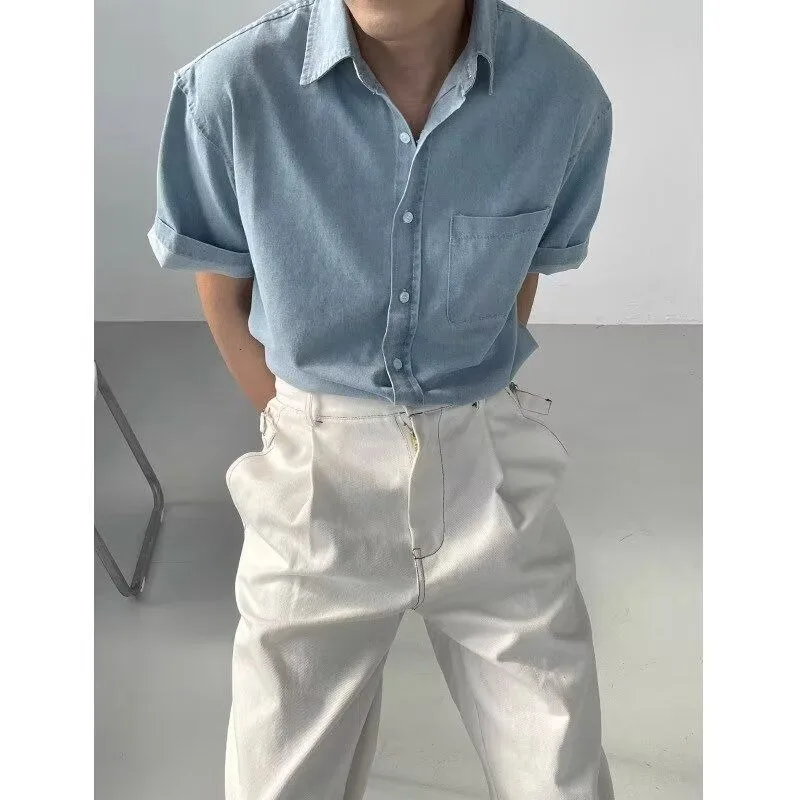 

Men's Casual Denim Short Sleeve Shirt Loose Fit Lapel Button Down Blouse with Chest Pocket Daily Wear Top