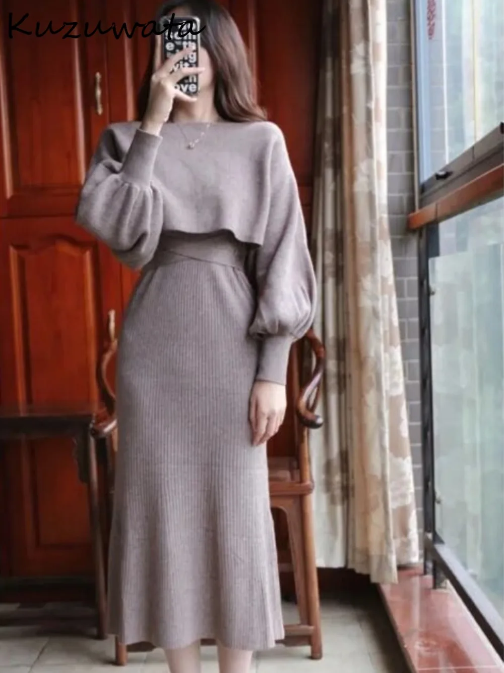 Kuzuwata Elegant O Neck Lantern Sleeve Set Knit Jumper Slim Waist French Luxury Sling Dress Japan Celebrity Mermaid Suit Robe