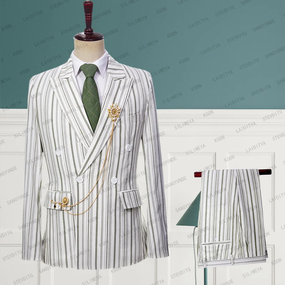 

2023 New Men's High Quality White Linen Light Green Stripe Business Formal Wedding Gentleman Dress 2 Piece Set Jacket Pants