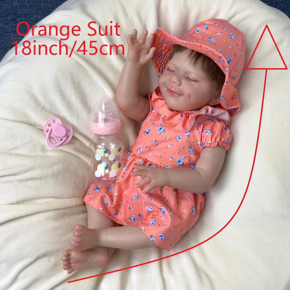 18-calowa winylowa lalka Reborn, edycja kolekcjonerska, uroczy pomarańczowy strój na co dzień, słodkie uśmiechnięte twarzyczko śpiące, ruchome stawy.