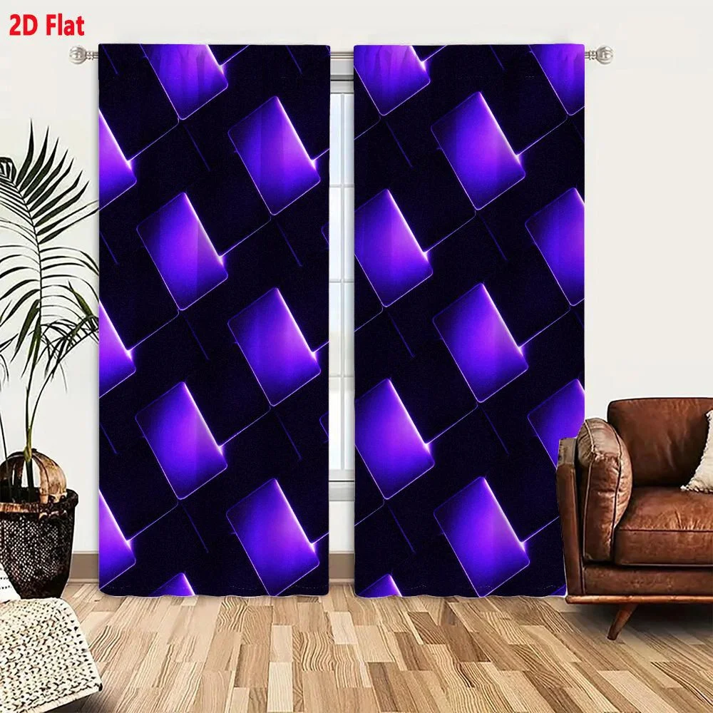 2Pcs Curtains 2D Flat Purple Square Tiles Pattern With Glowing Effect On Dark Background Grid Like Arrangement Woven Textured Me
