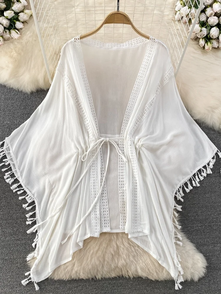

Beach Vaion Fringed Open Cardigan Loose Summer Outerwear Women's Korean Sle V-Ne Long Sve Lace irt Cover up