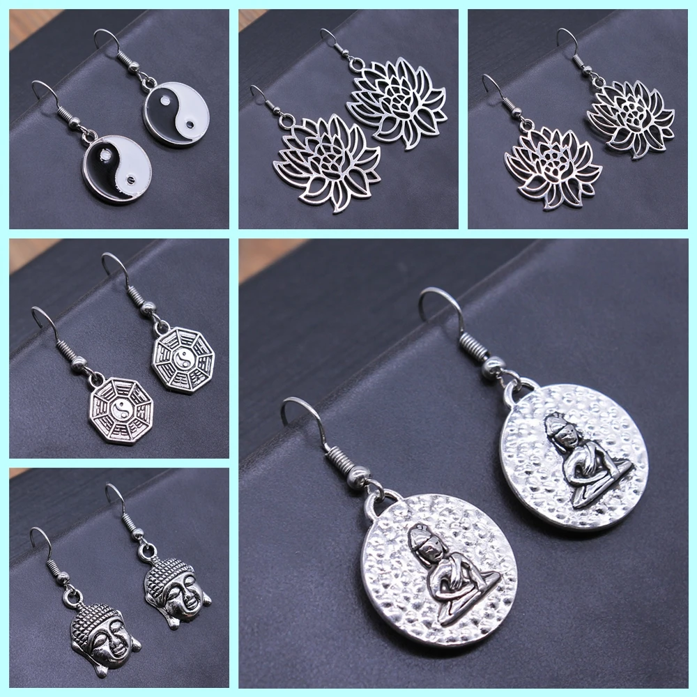 Vintage Religion Chinese Tai Chi Taoist Buddhism Buddha Lotus Dangle Earring Drop Earring For Women Girl Gift