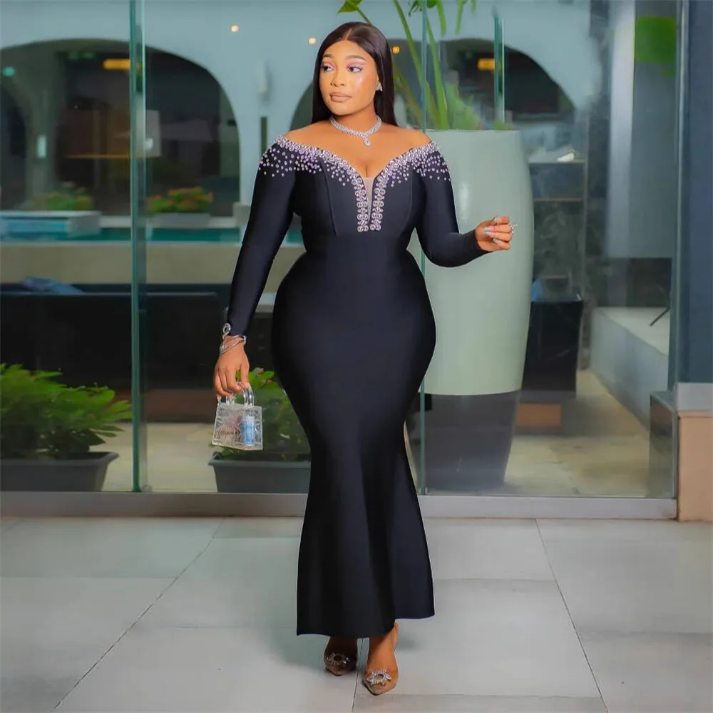 

2025 Summer New Women's Black Off Shoulder Long Sleeve Mesh Spliced Diamond Bandage Long Dress Bodycon Celebrity Evening Dress
